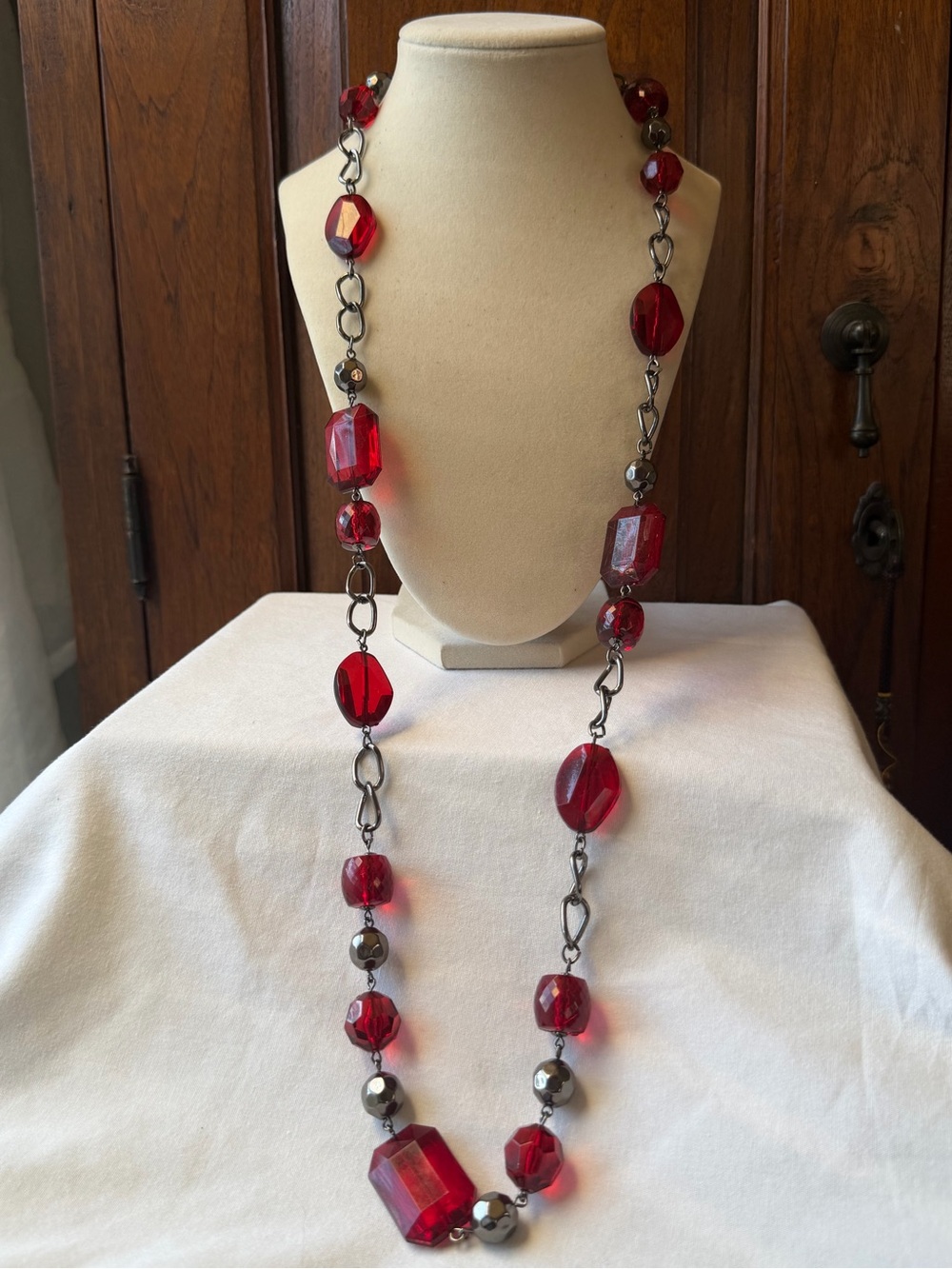 Long Red Faceted Bead Necklace Gunmetal Chain Statement Necklace